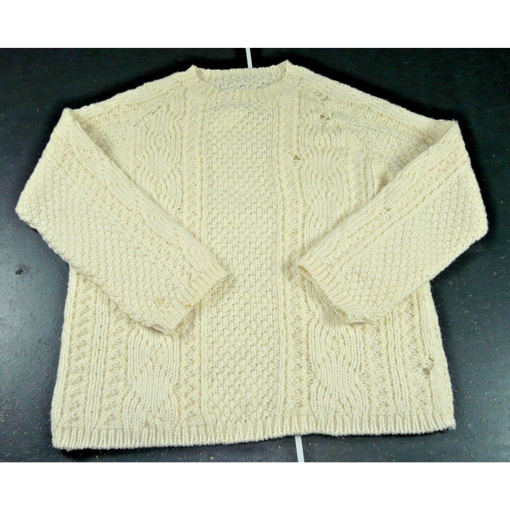 MAISON MARGIELA 10 Distressed Low Gauge Cable Knit Wool Sweater Ivory Men's Med